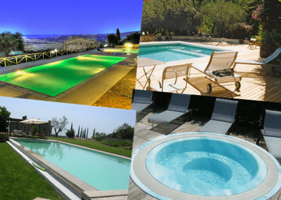 Piscine in calcestruzzo armato, casseri a perdere, pannelli di acciaio e vasche idromassaggio, sistemi di trattamento acque cloro e pH, antialghe, flocculante, ossigeno attivo, perossido di idrogeno, ozono, sterilizzatore a sale, coperture estive, invernali, telescopiche ed a tapparella, prodotti chimici, robot pulitori automatici, docce solari, riscaldamento, liner PVC