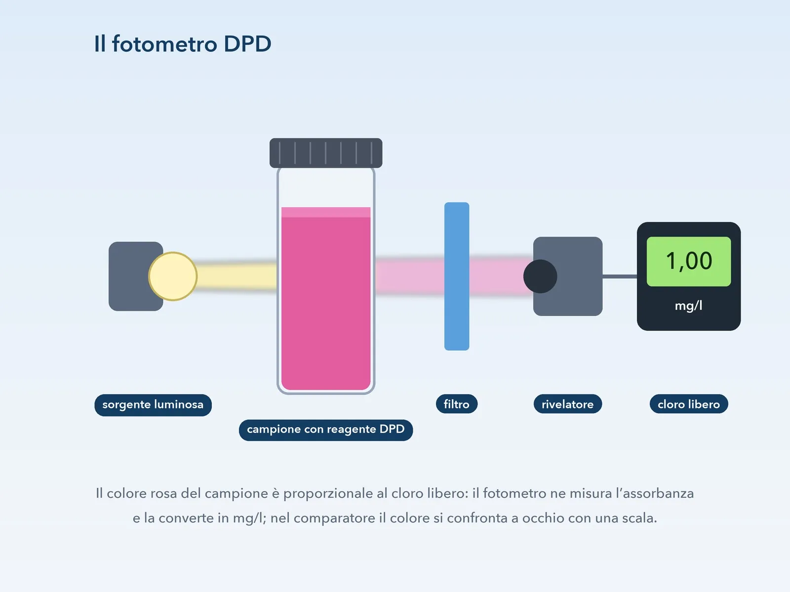 Principio del fotometro DPD: sorgente luminosa, campione colorato, filtro, rivelatore e lettura in mg/l