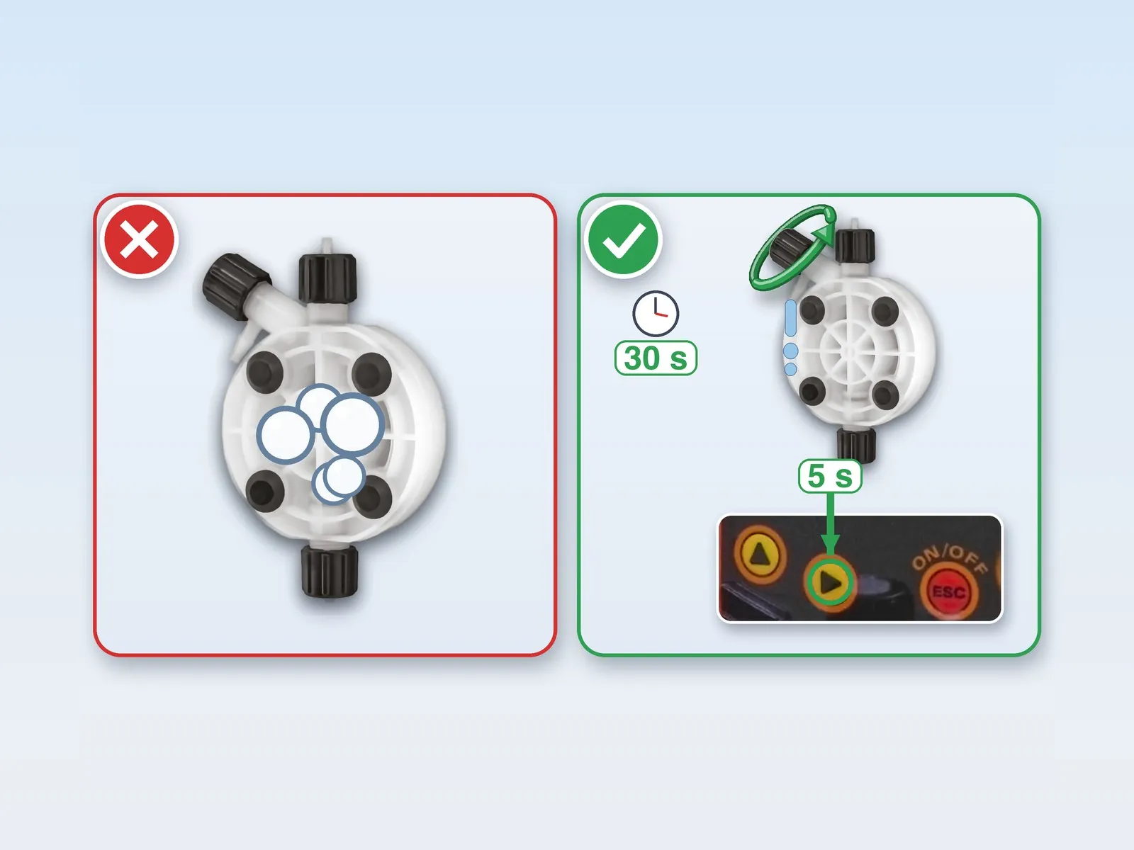 On the left the pump head full of air, on the right the primed pump head