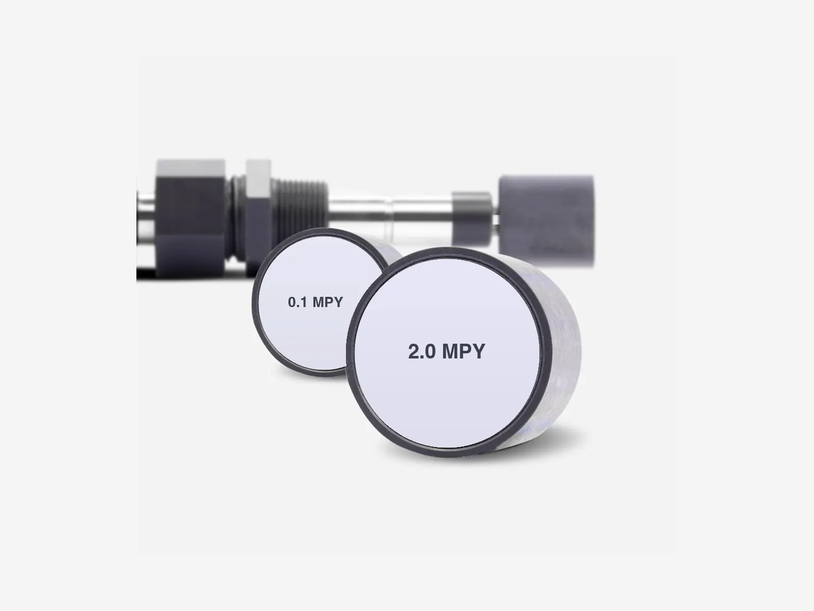 Test plugs of the corrosion probe, 2.0 and 0.1 MPY