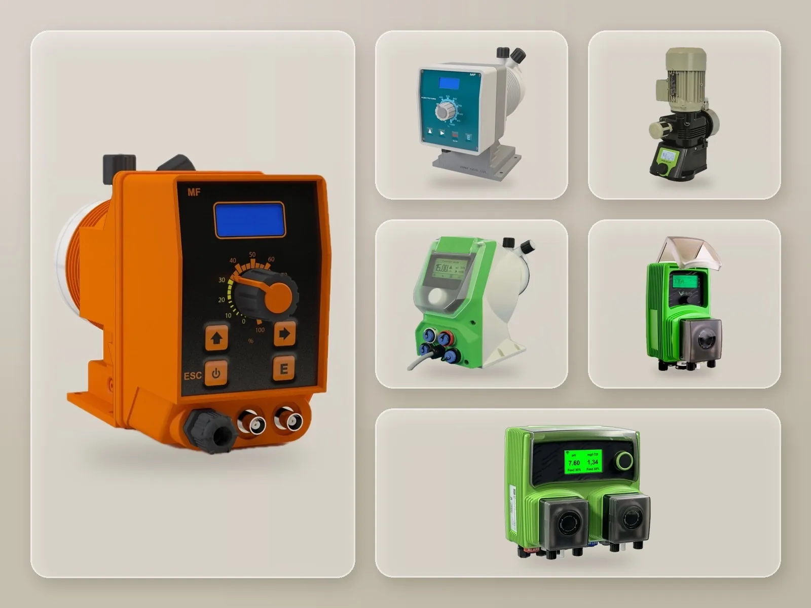 Solenoid, motor-driven, stepper motor and peristaltic dosing pumps