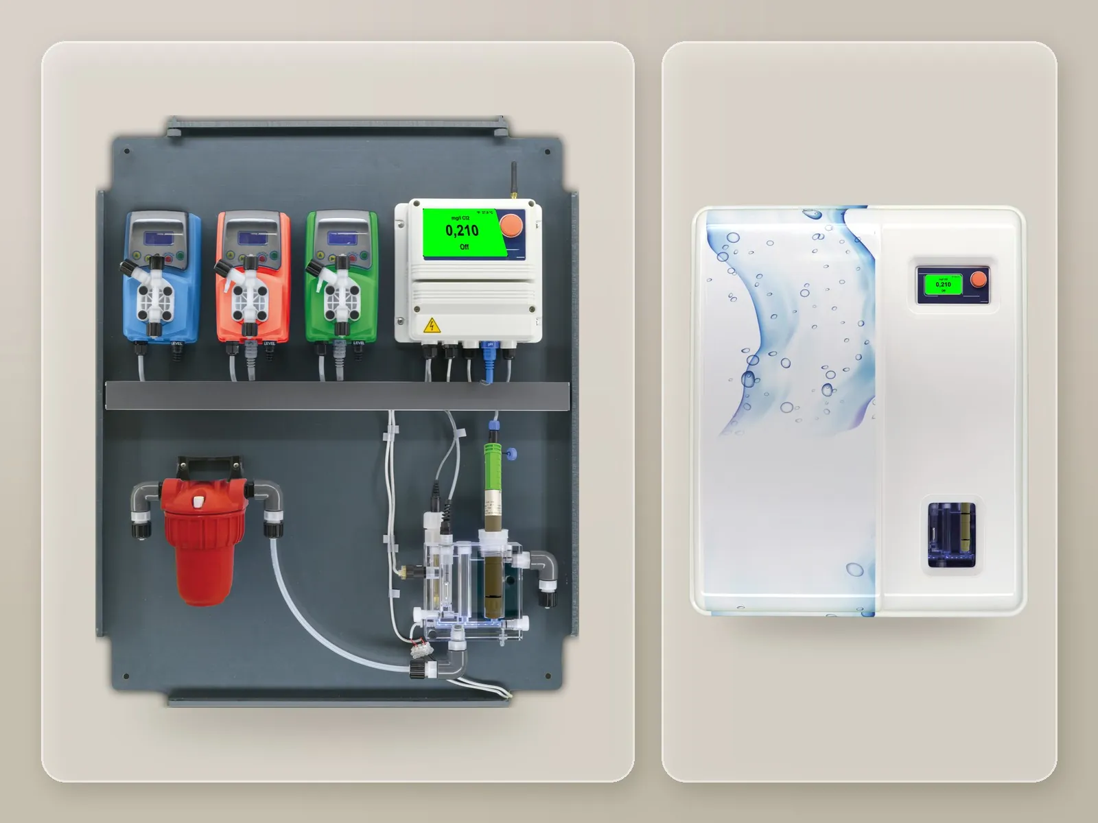 LDsCL system on a panel with three dosing pumps, filter and probe holder, next to the panel cover