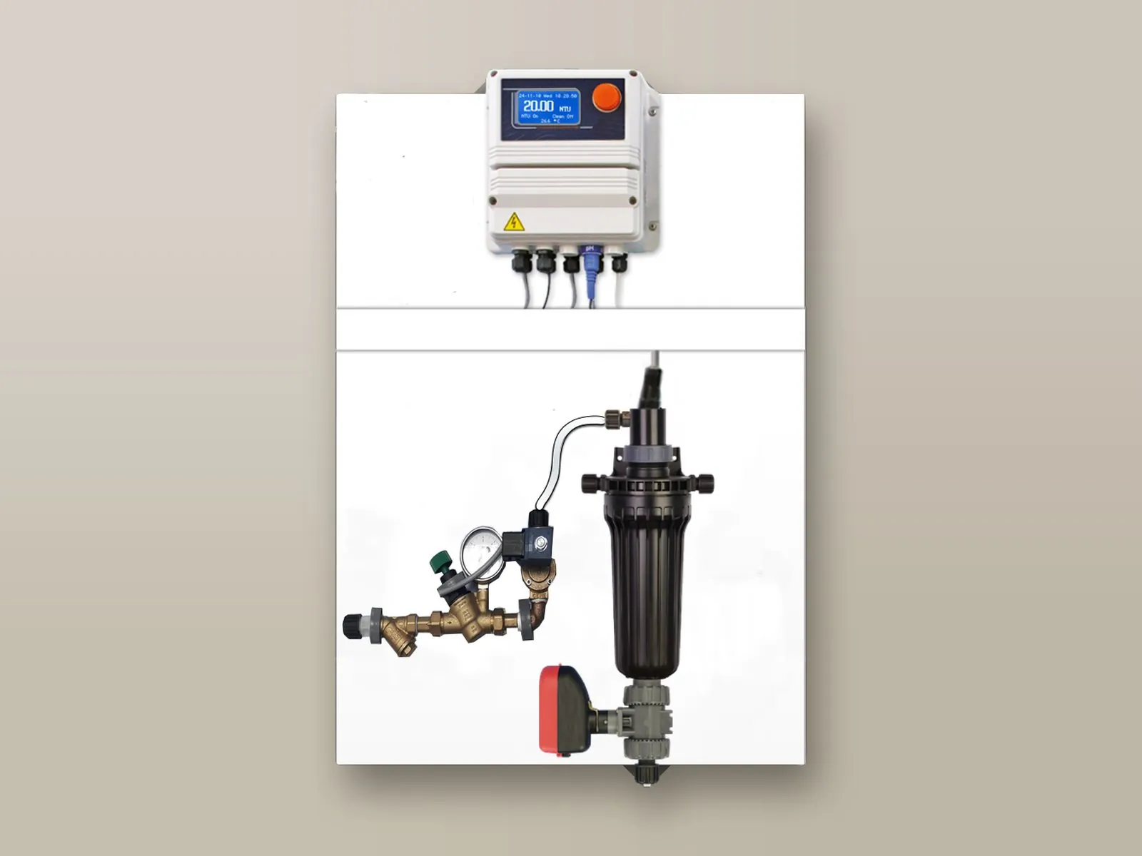 LDsETORB2 system on a panel with turbidity probe in a by-pass probe holder and drain valve