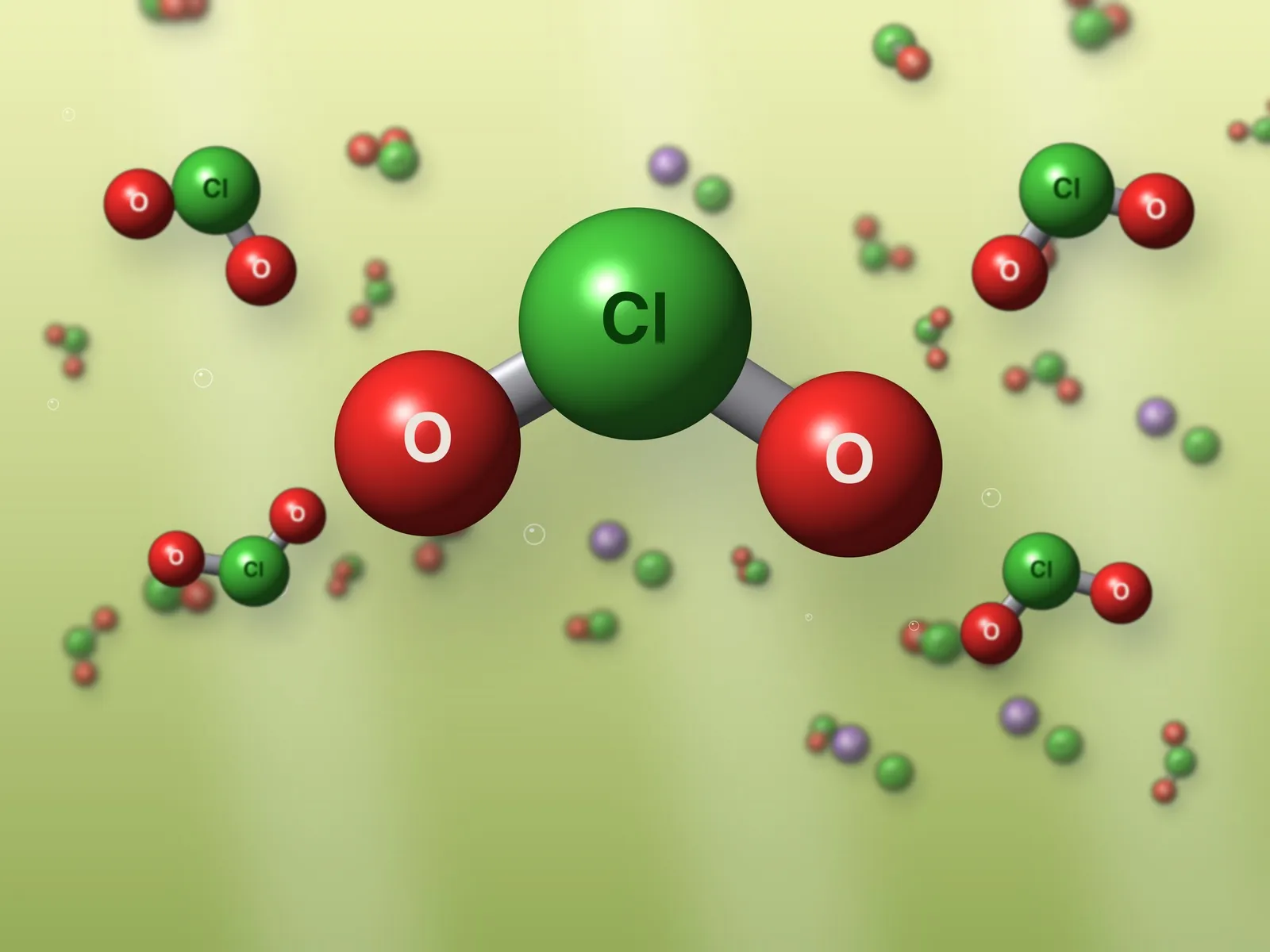 Illustration: ClO2 chlorine dioxide molecules in yellow-green water