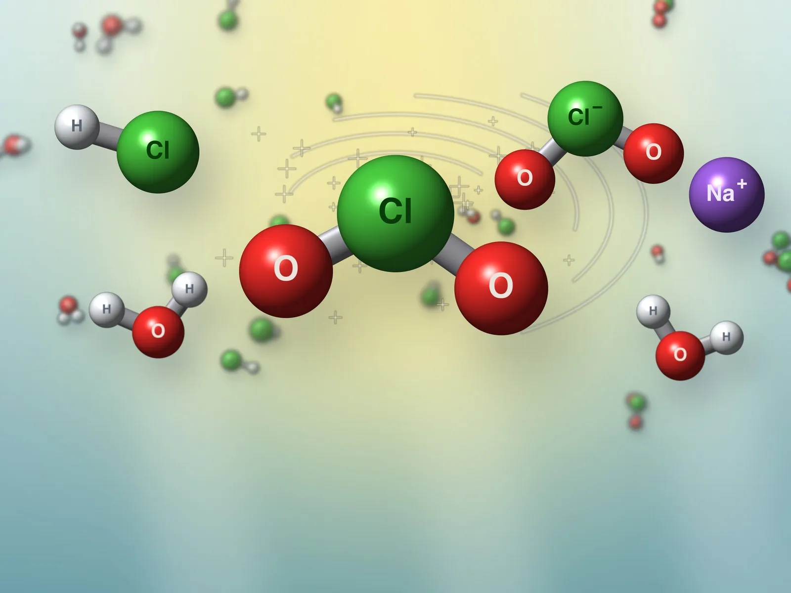 Illustration: hydrochloric acid, chlorite and water mix and chlorine dioxide forms