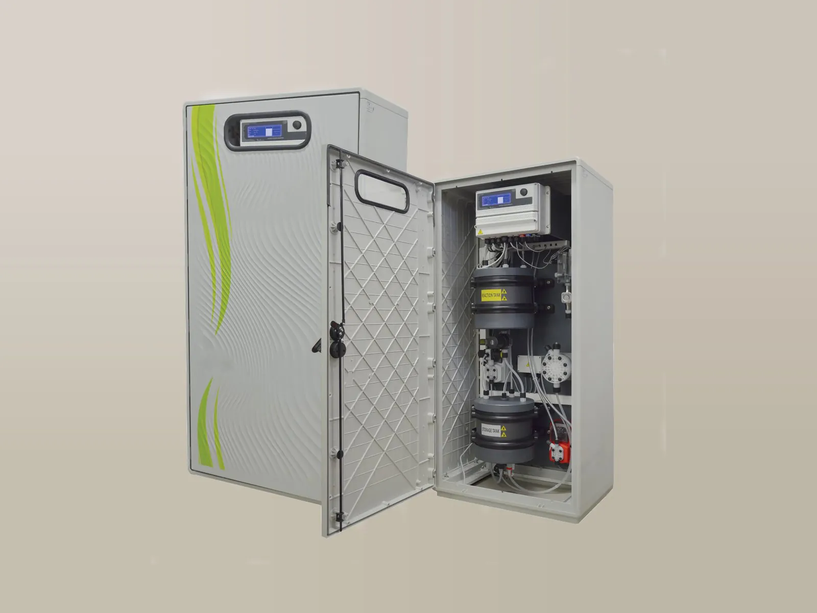LOTUS AIR generator in an open cabinet with reactor, pumps and controller