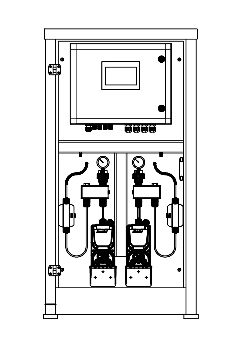 Drawing of the front of the MDS system with controller, pressure gauges and pumps