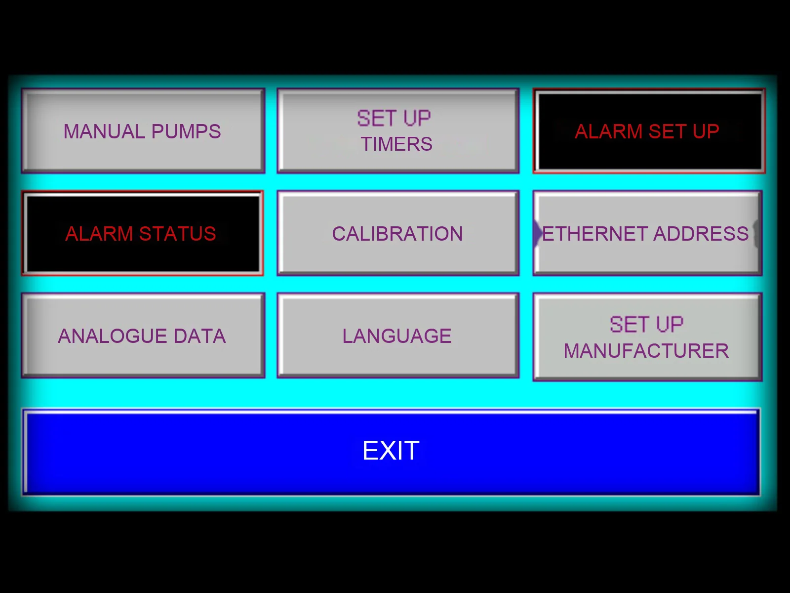 PermaTest menu: manual pumps, timers, alarms, calibration
