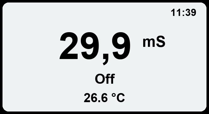 JA CD controller display: conductivity in mS, output status and temperature