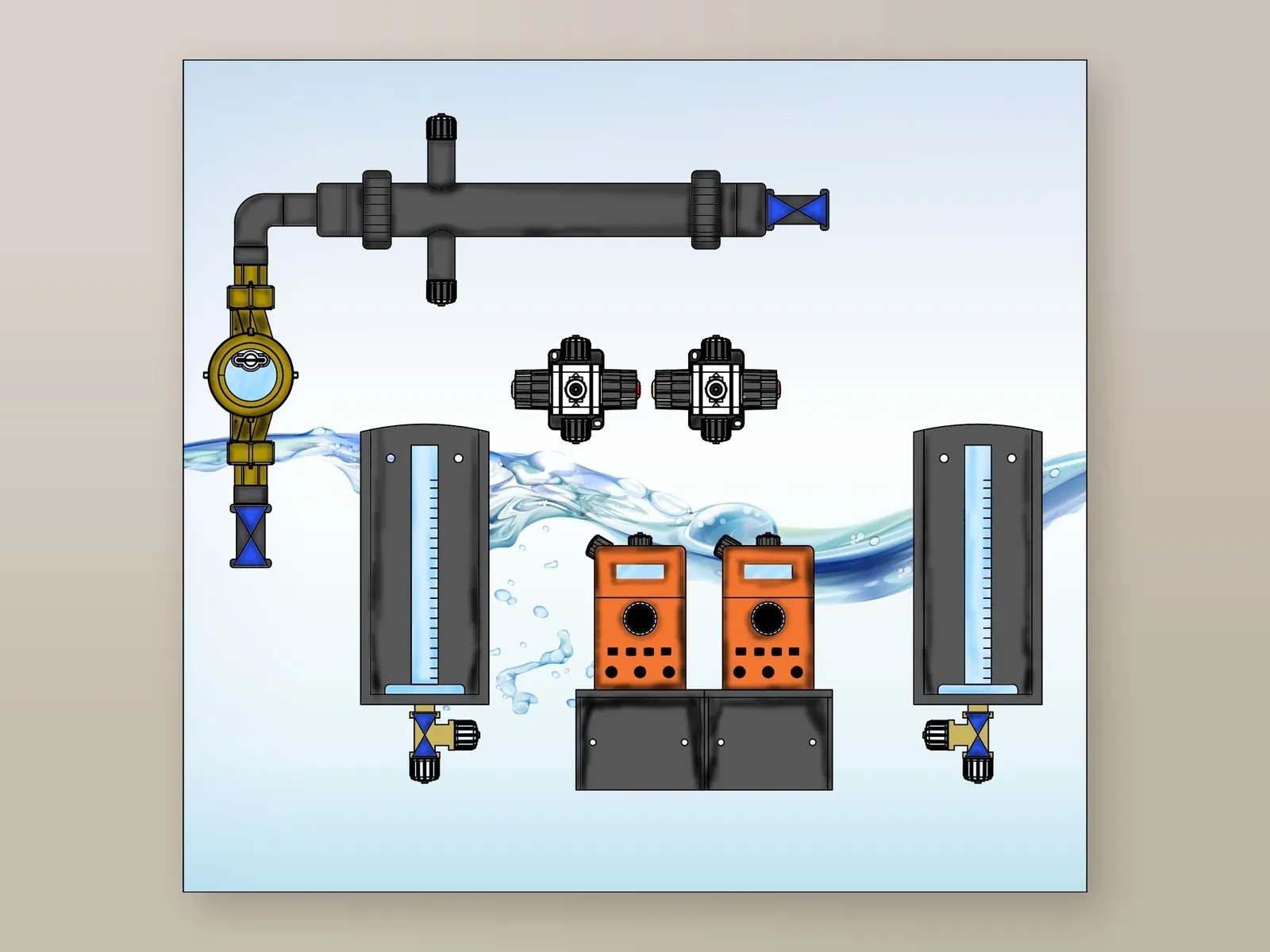 Panel with pulse-output water meter, static mixer and two dosing pumps for biocide and polyphosphate