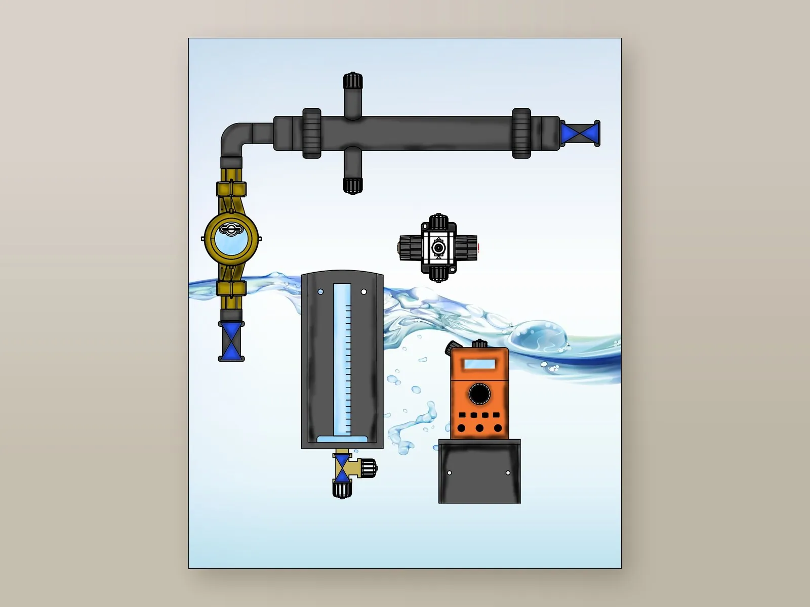 Panel with pulse-output water meter, static mixer, multifunction valve and biocide dosing pump
