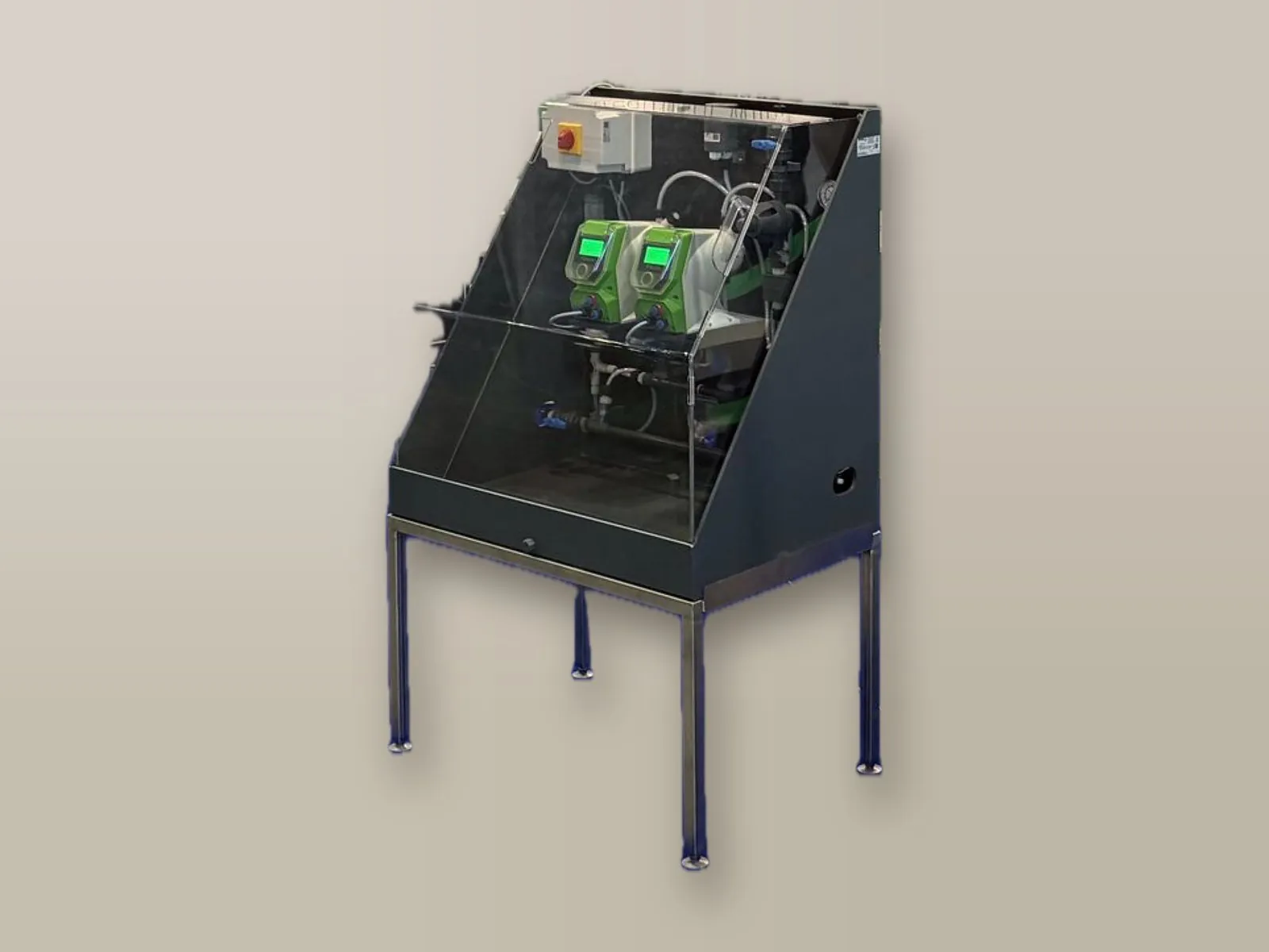 Skid with two dosing pumps, PMMA cover and raised stainless steel frame