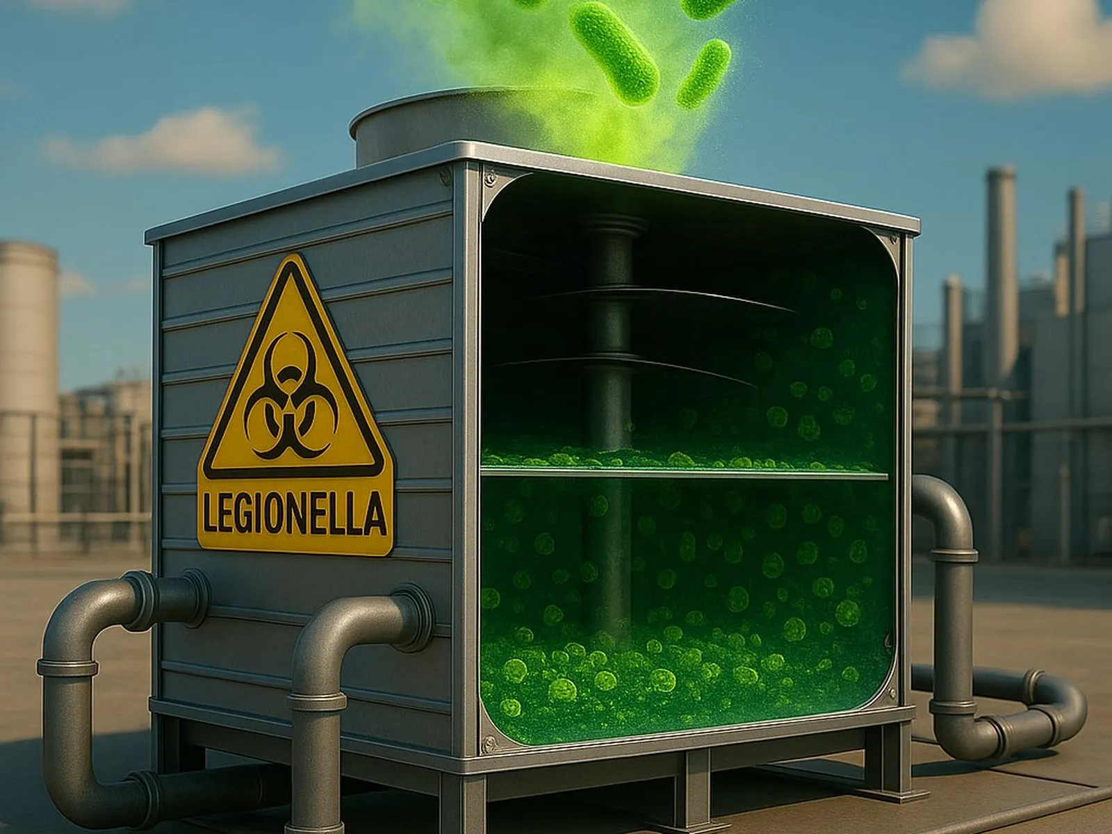 Illustrazione: legionella in una torre di raffreddamento
