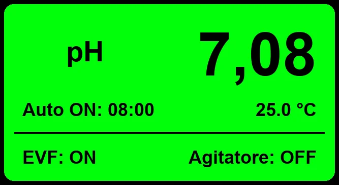 Display LDsPN: pH, modalità automatica, temperatura, valvola di carico e agitatore