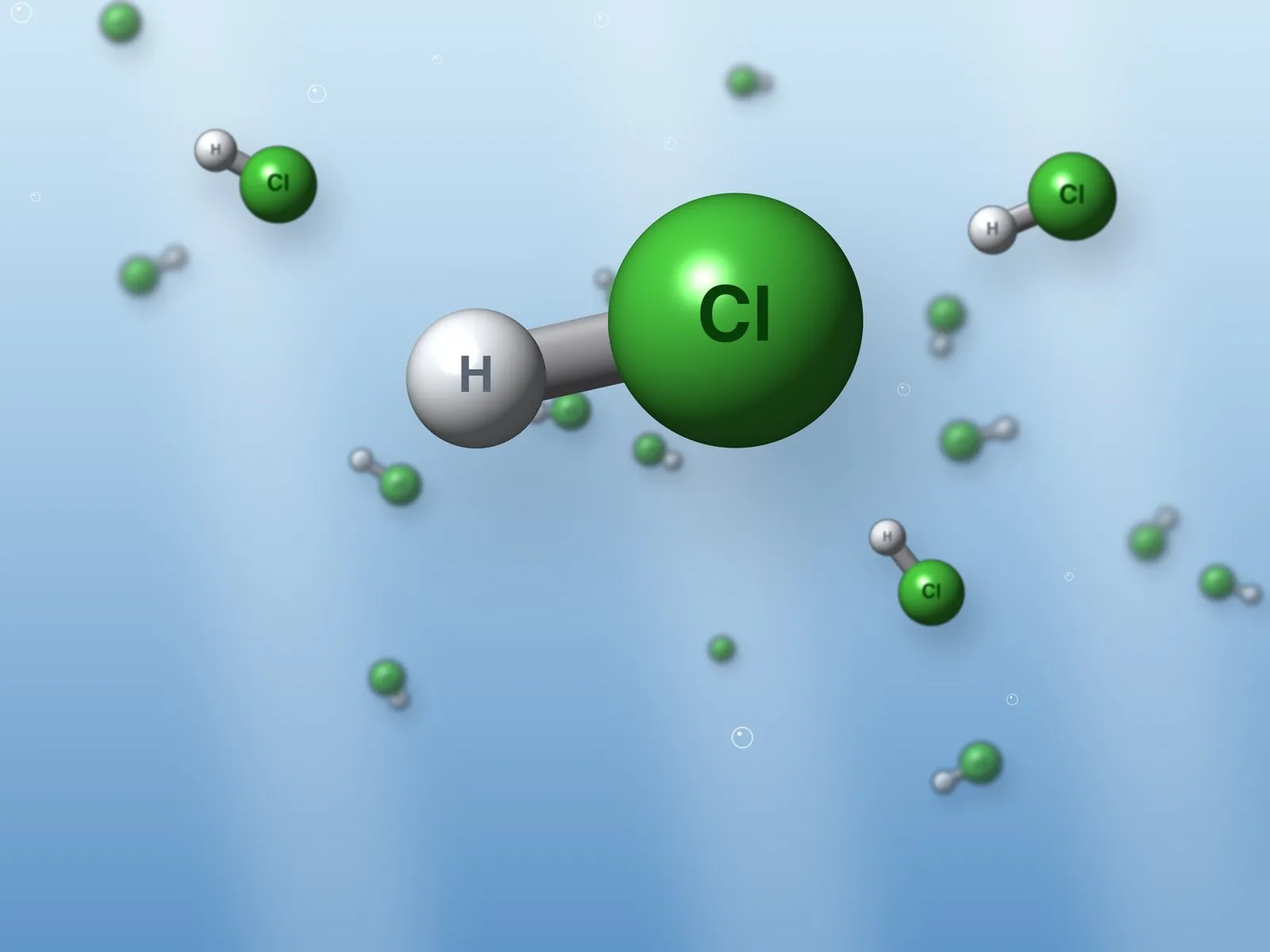 Illustrazione: molecole di acido cloridrico HCl, un atomo di idrogeno e uno di cloro