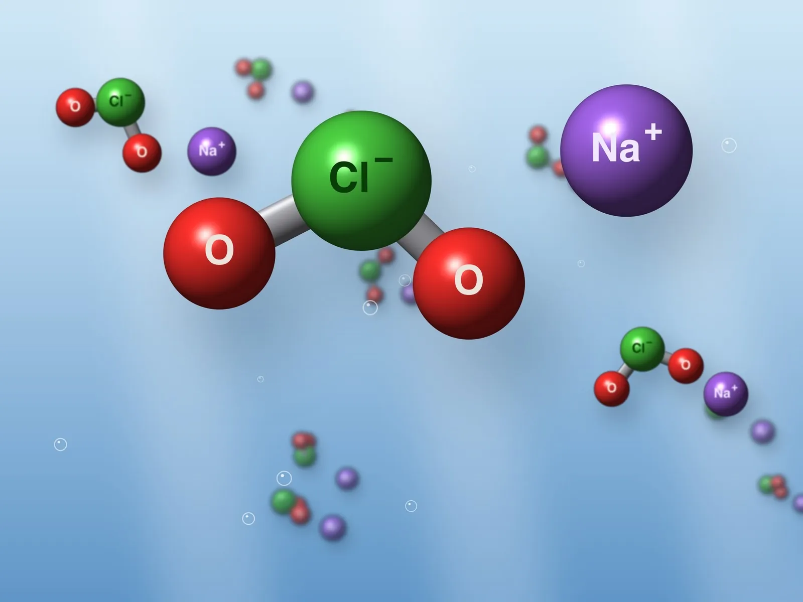 Illustrazione: ione clorito ClO2 con due atomi di ossigeno e ione sodio Na