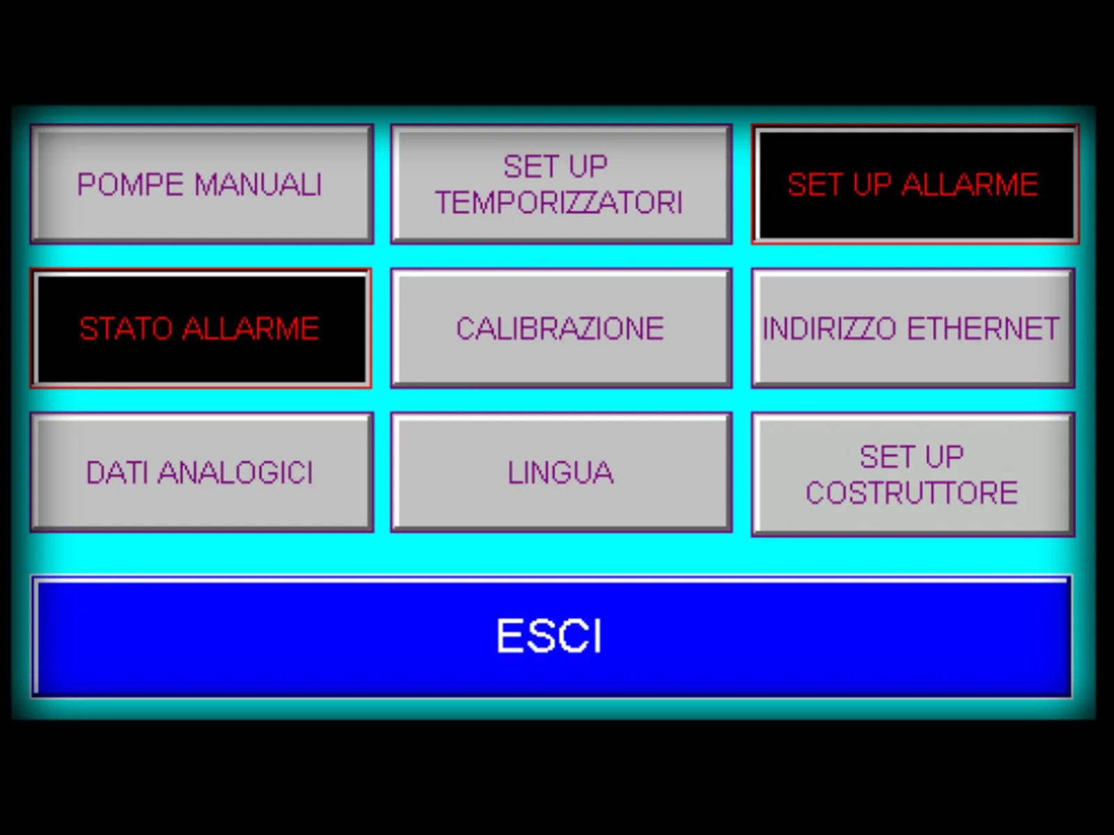 Menu del PermaTest: pompe manuali, temporizzatori, allarmi, calibrazione