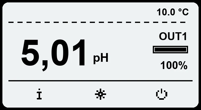 Display dello strumento JA pH: pH, temperatura e uscita OUT1 al 100%