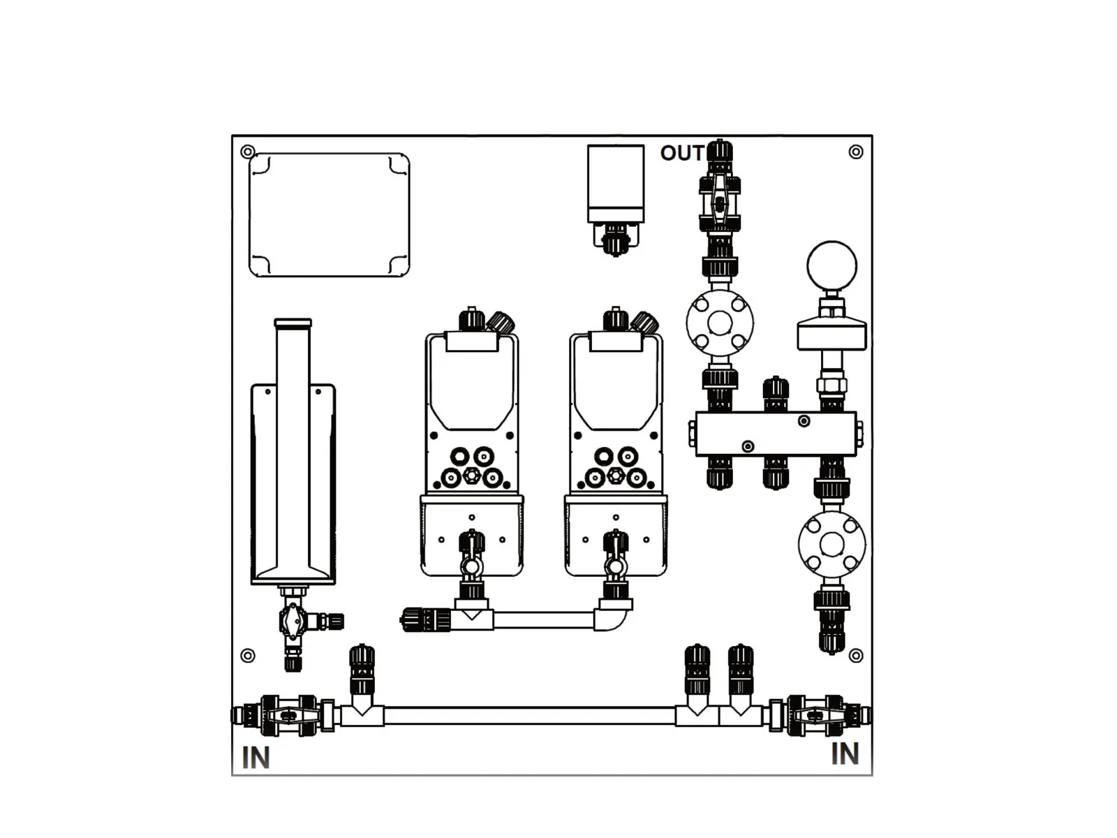 Disegno di uno skid con due pompe, manifold e valvole